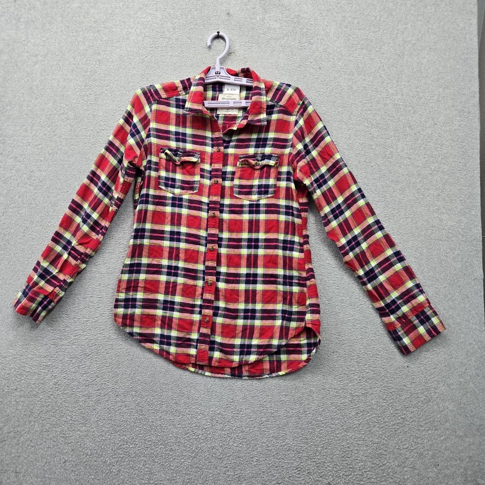 Abercrombie & Fitch Women Button Up Shirt M Red Plaid Flannel Long Sleeve Preppy